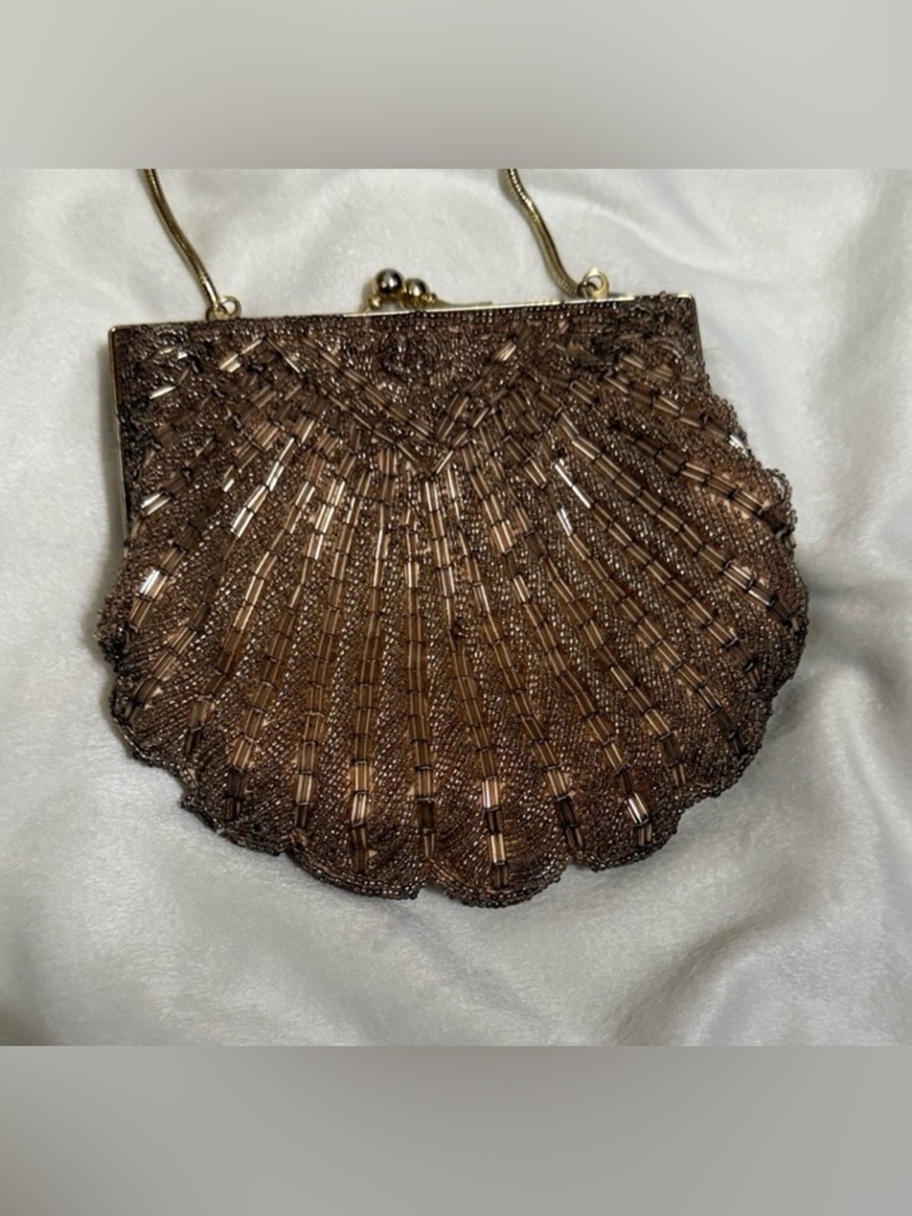 Vintage Gold  Scalloped Evening Handbag Clutch Satin Lined Snap Kiss  Closure